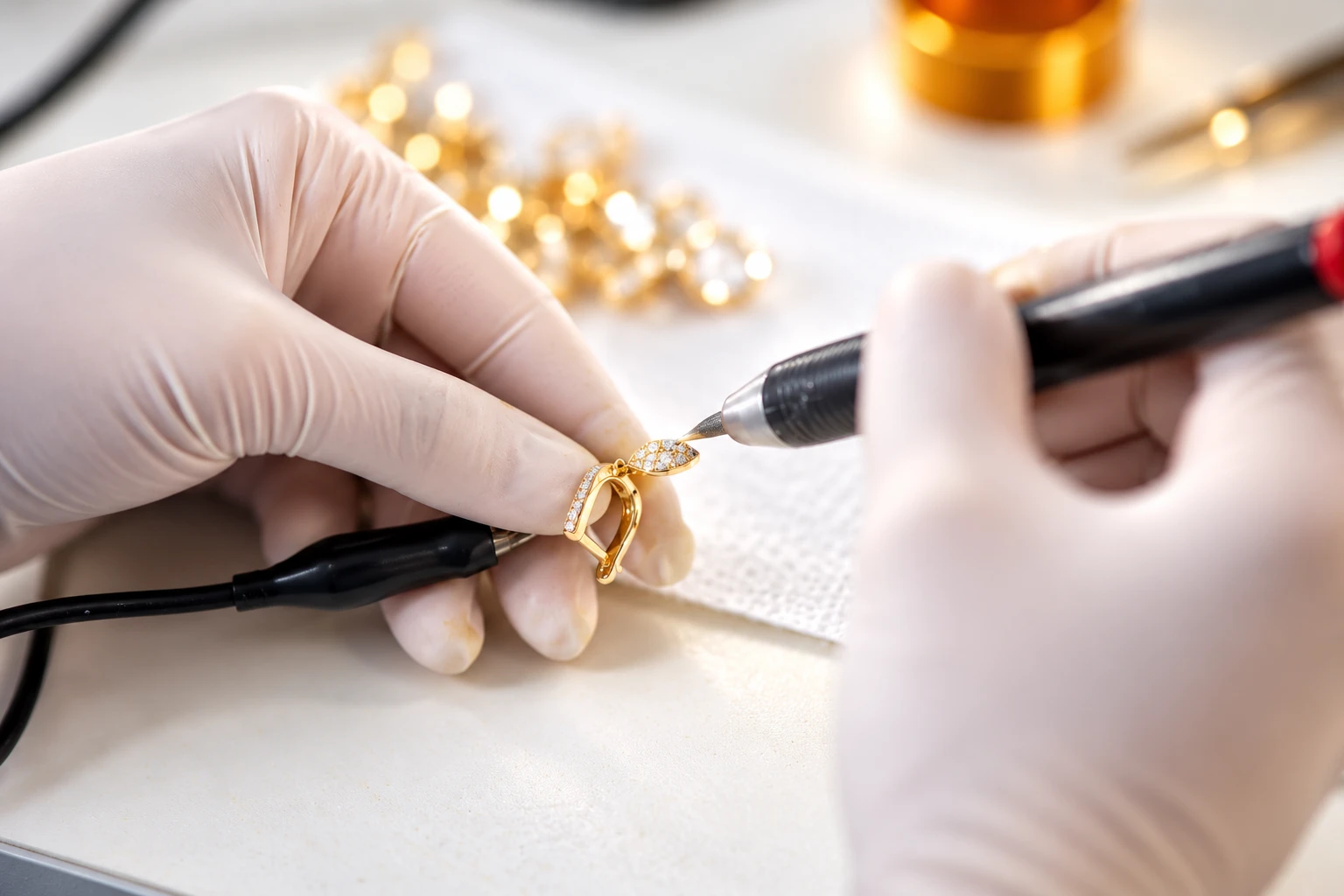 Aplique de ródio feito à mão com caneta em um brinco de semijoia